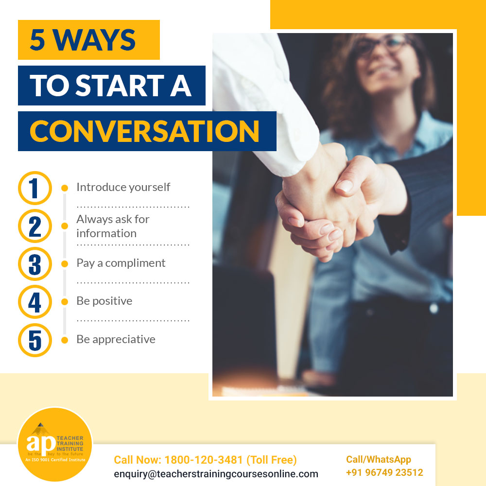 APTTIIndia's tweet photo. Starting a conversation has always been hard. Especially when you are a new teacher entrusted with teaching a class. These 5 simple tips can help you out.
.
.
#teachingenglish #tips #teachingcareer #teachertraining #APTTI https://t.co/TWAUUXaG1G