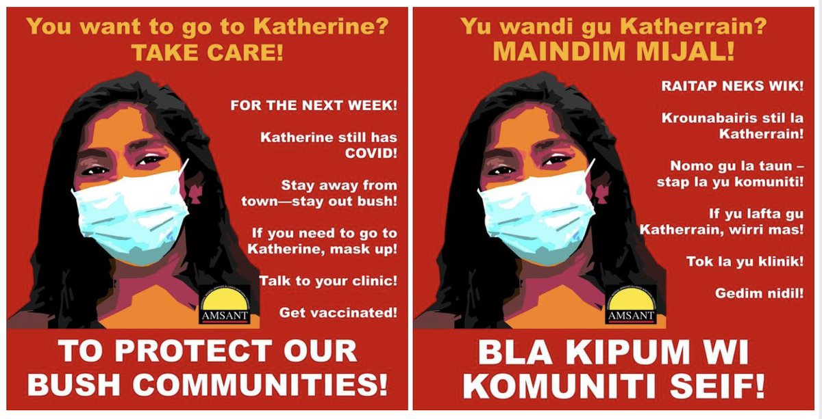 AMSANTaus's tweet photo. Protect all bush communities. Stay out bush if you don't need to come to town. Here are two posters we made in English and Kriol and shared by our members https://t.co/6KAKWpfugn