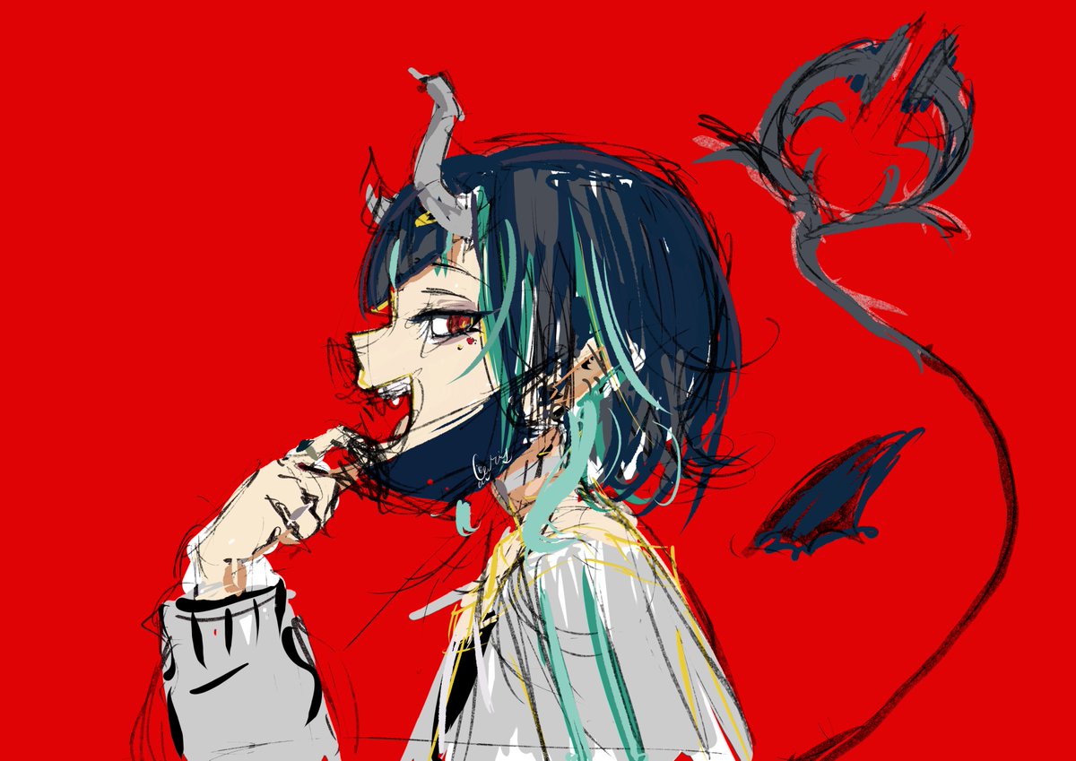 shishio chris red background mask pull tail horns demon tail solo blue hair  illustration images