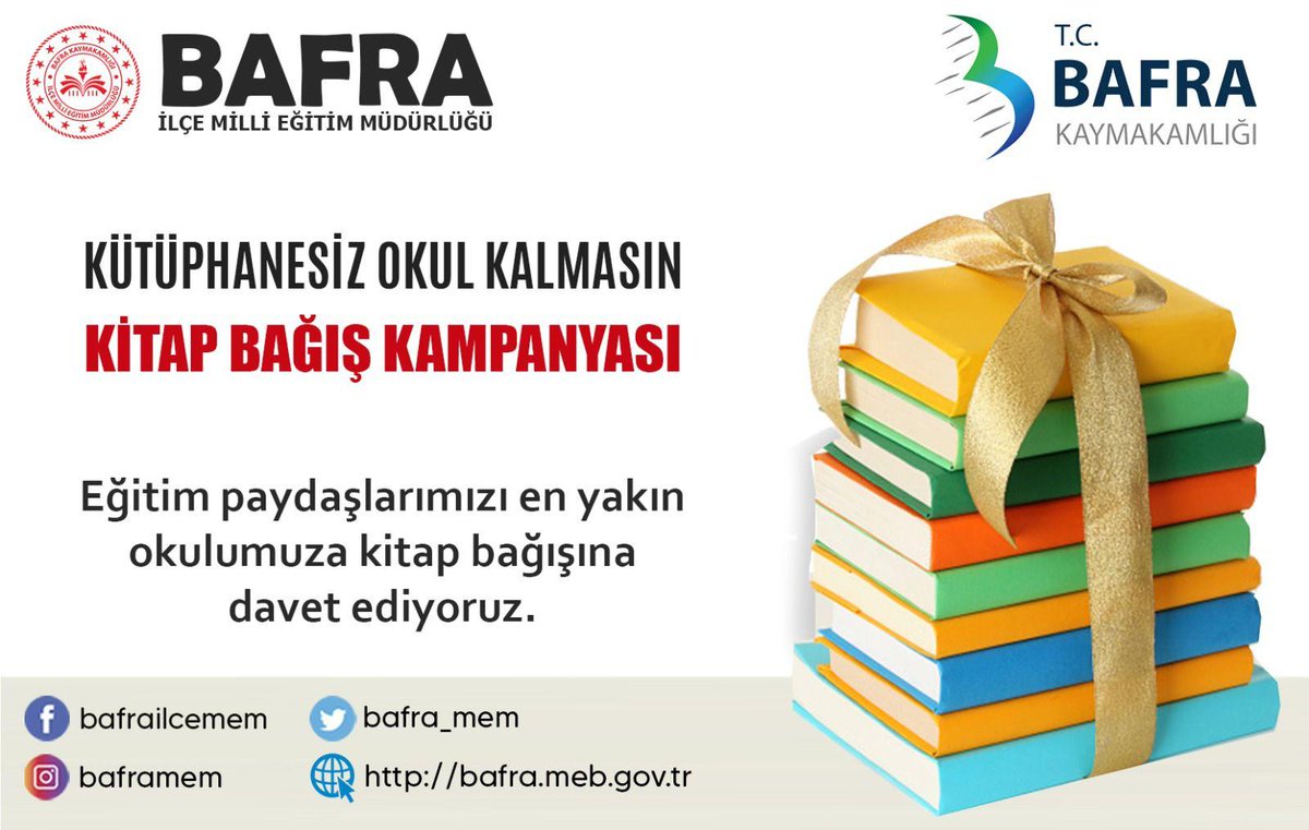 Kitap bağış kampanyasına desteklerinizi bekliyoruz. 
<a href="/bafra_mem/">Bafra İlçe Millî Eğitim Müdürlüğü</a> <a href="/mehmetalikatip1/">Mehmet Ali KATİPOĞLU 🇹🇷</a> <a href="/samsunmem/">Samsun İl Milli Eğitim Müdürlüğü</a> <a href="/gokhanmurat1/">Murat YİĞİT</a> <a href="/bafrakaymakam/">Bafra Kaymakamlığı</a> <a href="/CevdetErturkmen/">Cevdet Ertürkmen</a>