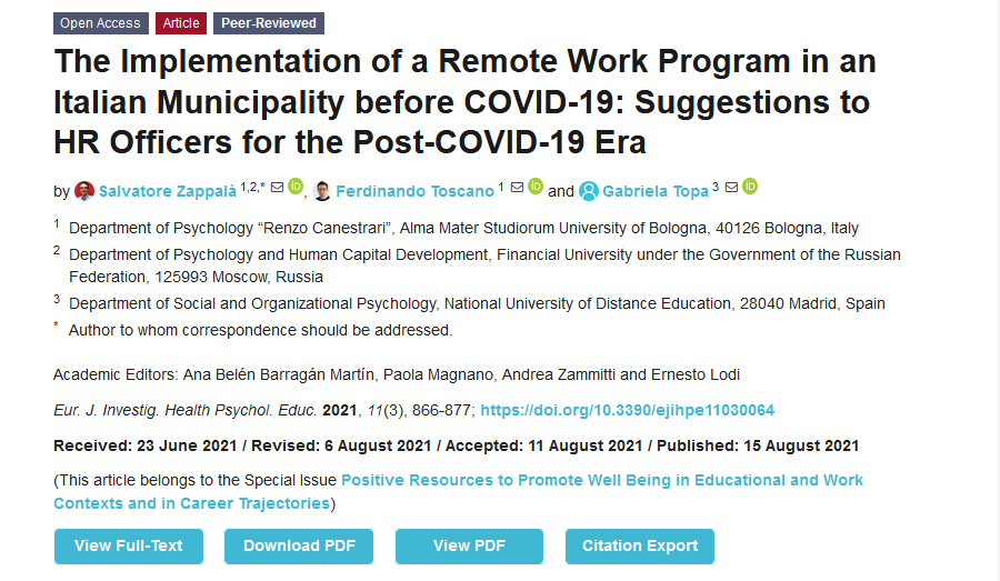 EJIHPE_MDPI's tweet photo. Welcome to read👉"The Implementation of a #RemoteWork Program in an Italian #Municipality before #COVID19: Suggestions to #HROfficers for the #PostCOVID19Era" by Prof. S. Zappalà, F. Toscano &amp; Prof. G. Topa: https://t.co/ylc6NnNylC
#telework #publicsector #humanresourcemanagement https://t.co/DGozQWlvIB