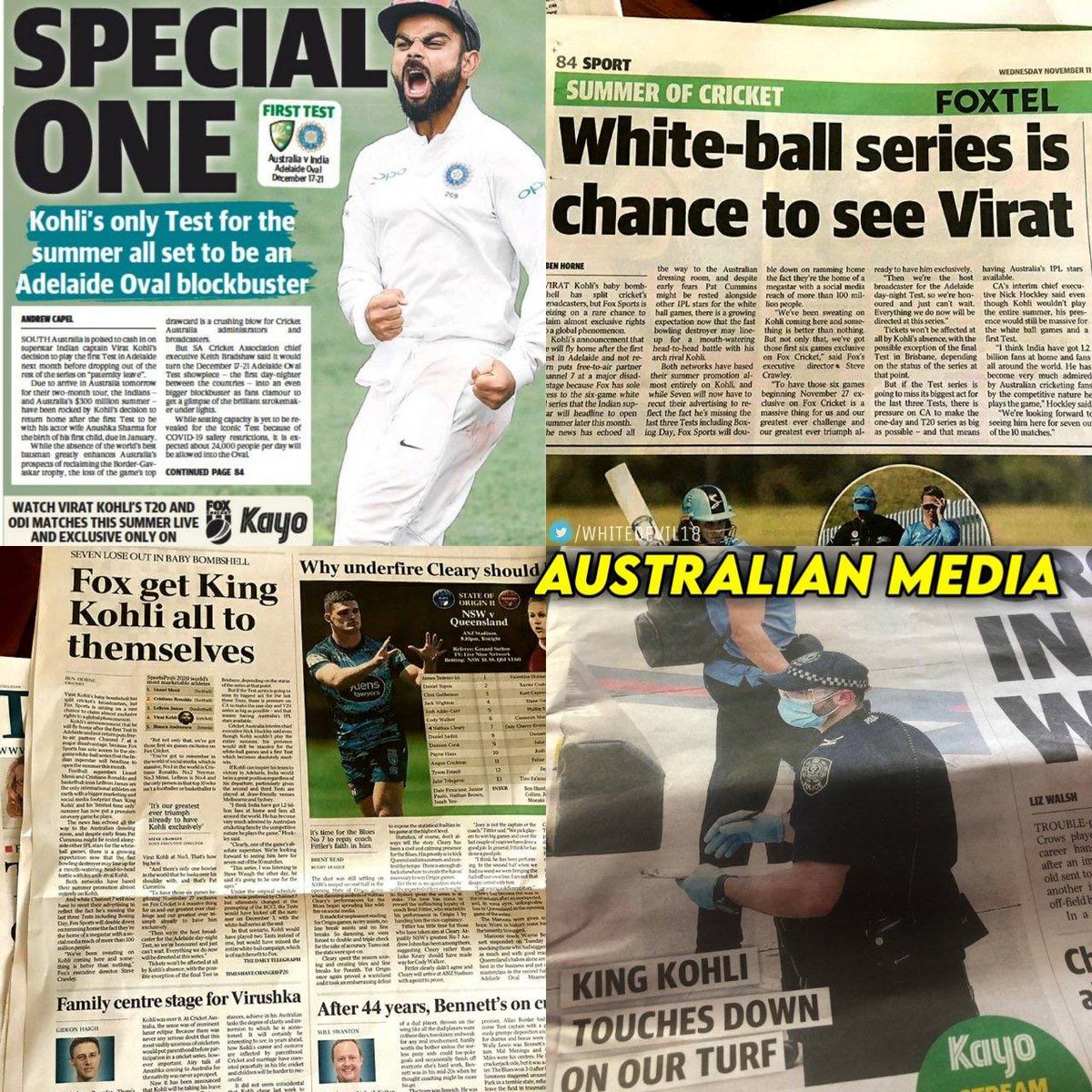 harshiniiii_'s tweet photo. The Respect Virat gets from Australian media 🙏
You guys never deserves this guy @BCCI 
#ShameonBCCI https://t.co/iS7NrIhkhV