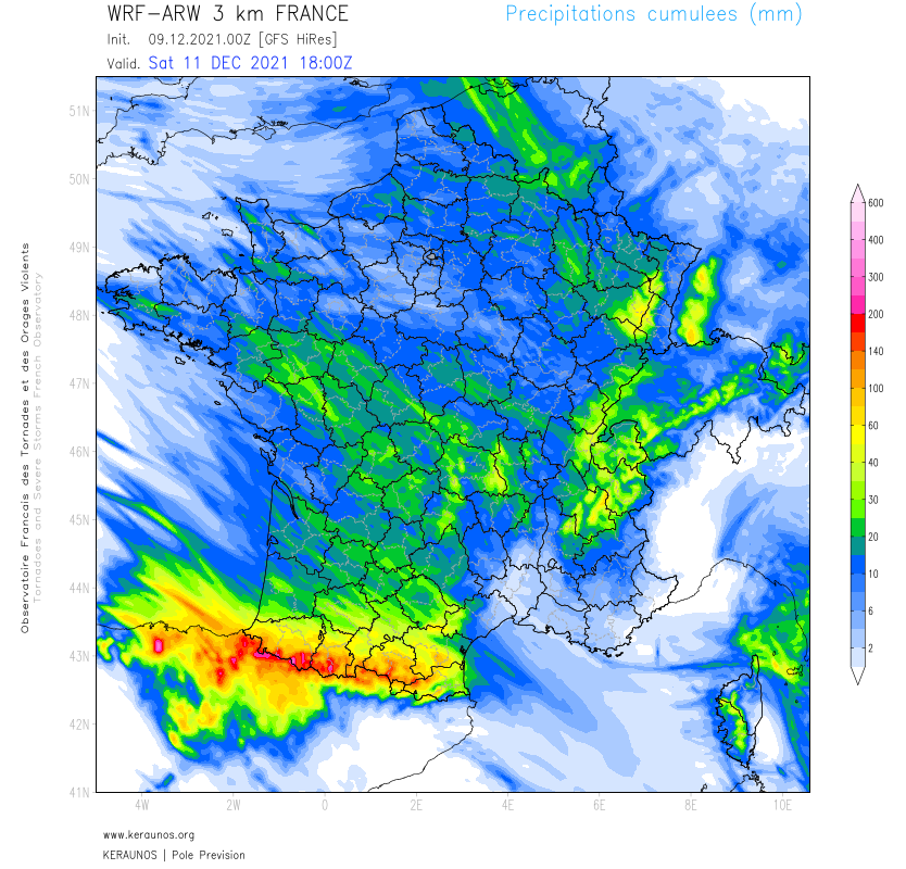 Ces 48h vont être agitées dans le sud-ouest avec fortes pluies sur les #Pyrénées, localement 200 mm sur l'ouest de la chaîne. Cumul de neige jusqu'à 150 cm possible à haute altitude (fluctuations de la limite pluie-neige). 
La couche au sol deviendra exceptionnelle pour la saison 