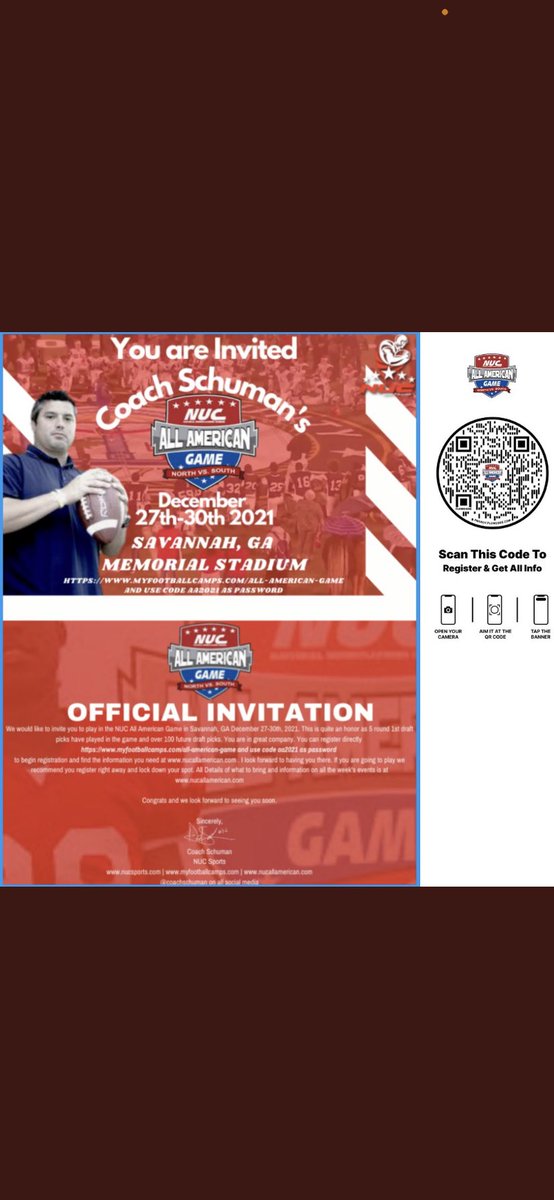 Thanks <a href="/CoachSchuman/">Coach Schuman</a> for recognizing my talent and skillsets and inviting me to play in the 2021 NUC All-American Game in Savanah, Ga., at Memorial Stadium on Dec 27th-30th‼️