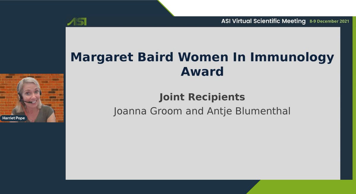 ASImmunology's tweet photo. ๐Congratulations Antje @Blumenthal_Lab @UQ_News and @groomlab @WEHI_research recipients of the Margaret Baird Women in Immunology Award. #ASI2021Online ๐๐ ๐๐ Thank you Harriet Pope for presenting this special award. #ASIEDI #WomenInSTEM #WomenInSciences Ping @WomenSciAUST https://t.co/bTlDY9rvmf