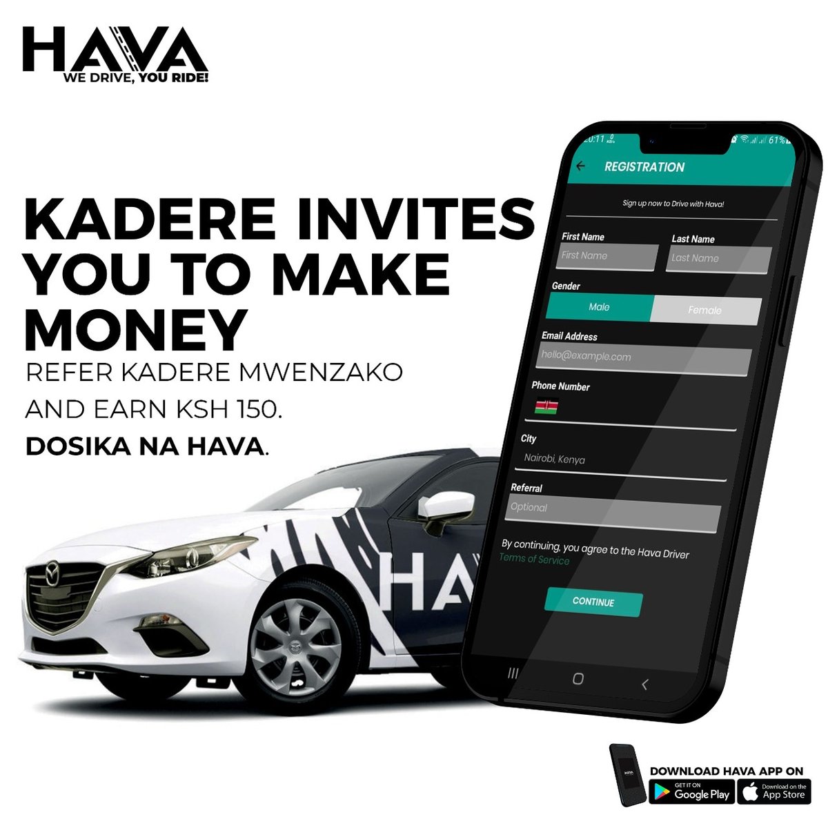 Hava_Cabs's tweet photo. The hustle goes on; make money with Hava, let your friend make money too.
Sign up as a Hava driver via the link below and refer someone to register too and earn Ksh. 150 extra.
https://t.co/gOMHncHYhv
#HavaDrivers #WeDriveYouRide https://t.co/7OWzMFOqvy