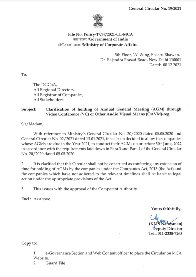 DailyTax's tweet photo. MCA clarifies that where AGMs were due to be held in 2020 or becomes due in 2021, the companies can conduct the same upto 31/12/2021 using VC/ OAVM.

Link: https://t.co/K4iTpWzkQ8

#DailyTaxAnalysis #MCA #AGM #VC #OAVM https://t.co/F0YKz3duOe