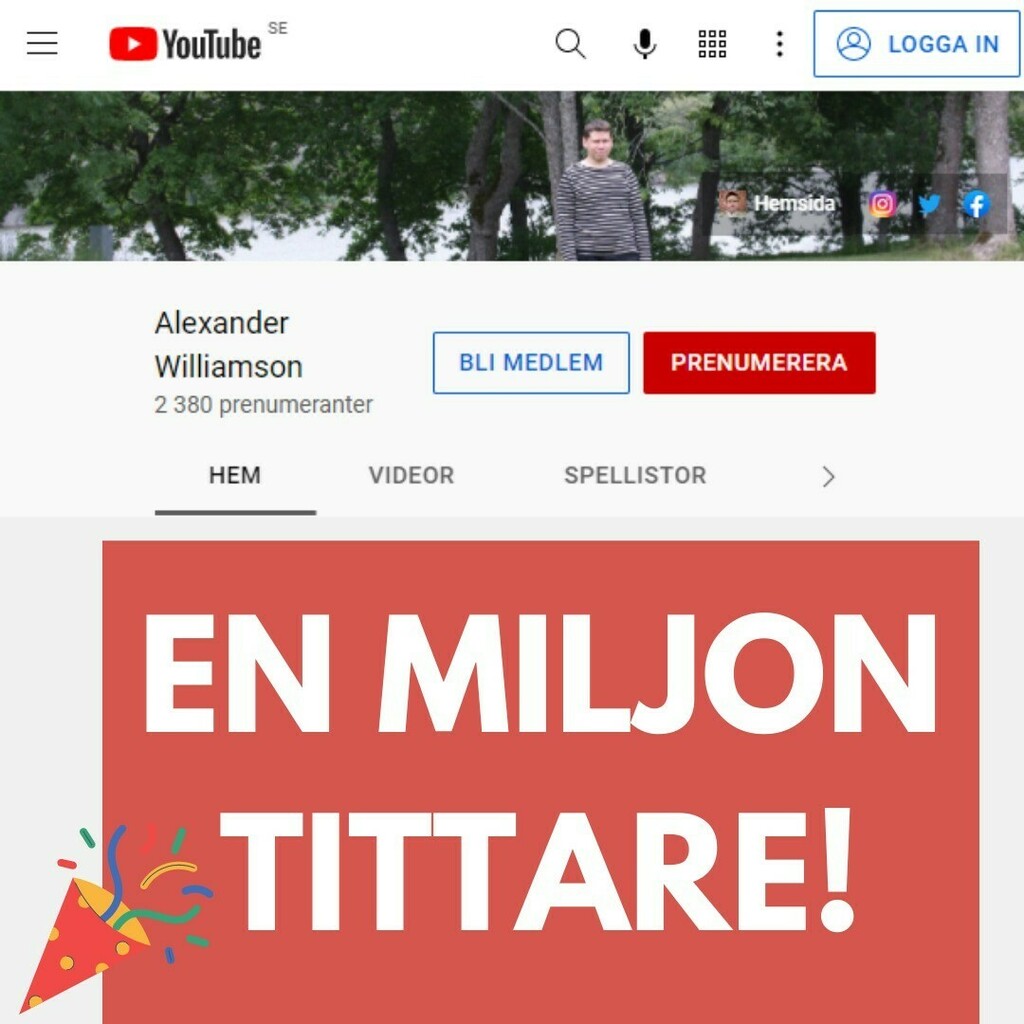 alewi01's tweet photo. I veckan har jag nått en milstolpe på YouTube och har idag över en miljon tittare sammanlagt på mina filmer. Tack alla som prenumerar och ser mina filmer.

#youtube #enmiljon #onemilion #subscribers #subscribe #miljon #million #socialmedia https://t.co/5EQQac3eHu https://t.co/OBfHdHjPwm