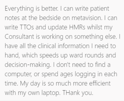 UHSimprove's tweet photo. Amazing feedback on #FocusOnFlow trial interventions from our junior #doctors!
Front line teams suggested laptops for junior doctors.
Discharge summaries and #medicine orders can now be done earlier in the day which means our patients can get home earlier!π₯³
#PatientsFirst #QI https://t.co/CtSmMXZLih