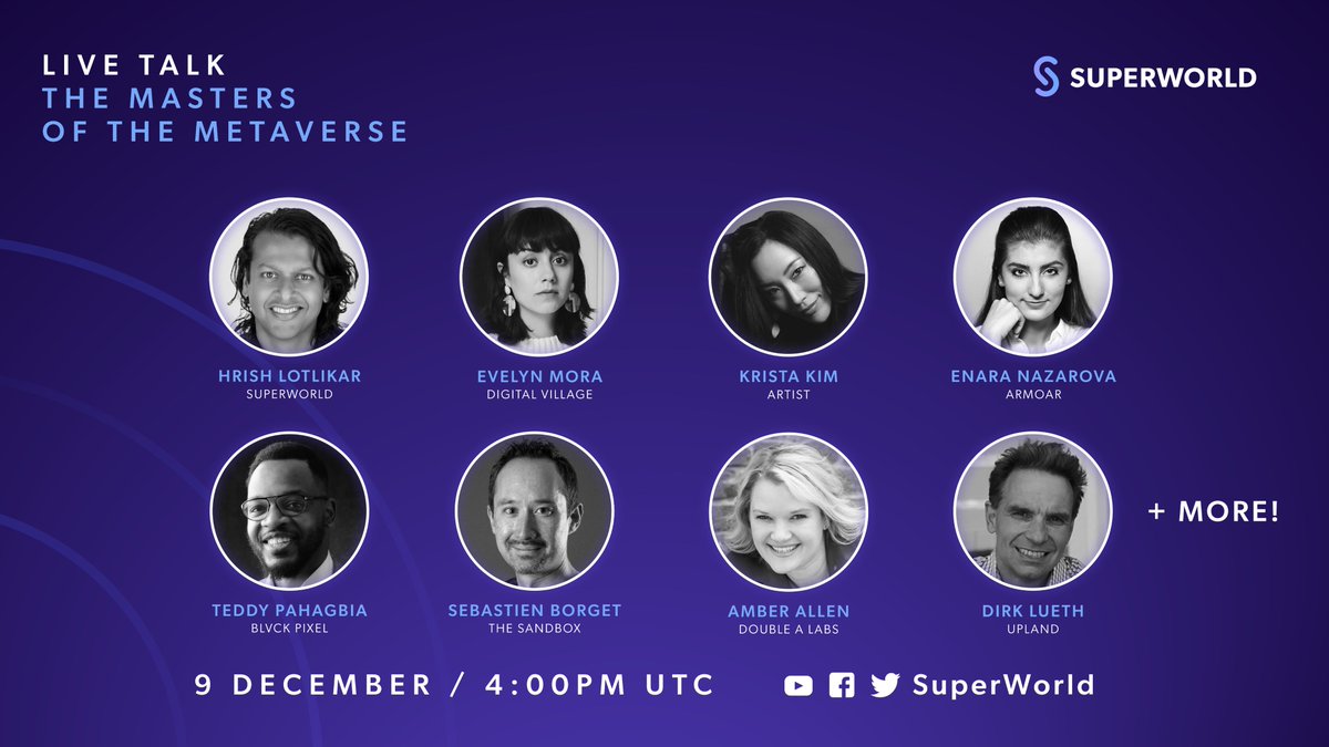Join us LIVE 🚨 @ 4pm UTC / 11am ET today for a discussion on the #Metaverse 🌐 featuring some of the most influential voices in the space!

Facebook: superworld.app/3rTF7eF
YouTube: youtu.be/ew8ZCan-yYk
Hosted by: #SuperWorld🌎❤️

#virtualworlds #Web3 #crypto #NFTs #DeFi #AR