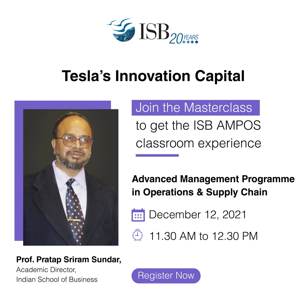 Join a masterclass with Professor Pratap Sundar and get a classroom experience of ISB's Advanced Management Programme in Operations &amp; Supply Chain.

🗓️ December 12, 2021
⏰ 11.30 AM - 12.30 PM
🌐 tinyurl.com/12dec-tw