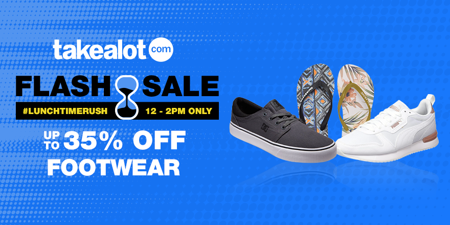 TAKEALOT's tweet photo. FLASH SALE ALERT🚨⏰
Set your alarm for 12h00 for today's #LunchtimeRush & SAVE up to 35% on footwear! VALID TODAY ONLY from 12H00 - 14H00. https://t.co/n9uwLkFWvv