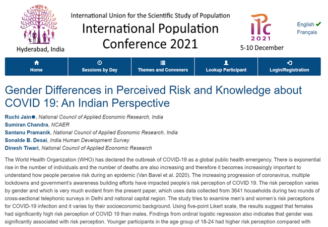 Using #data from 2 rounds of cross-sectional telephonic surveys in Delhi &amp; NCR, NCAER-NDIC team examines men’s and women’s risk #perceptions for #COVID19 infection <a href="/jruchi6/">Ruchi Jain</a>, Sumiran, @Santanu_NDIC, <a href="/SonaldeDesai/">Sonalde Desai</a>, Dinesh Tiwari, 
Poster Session, 2:30 pm IST ipc2021.popconf.org/sessions/P21#20