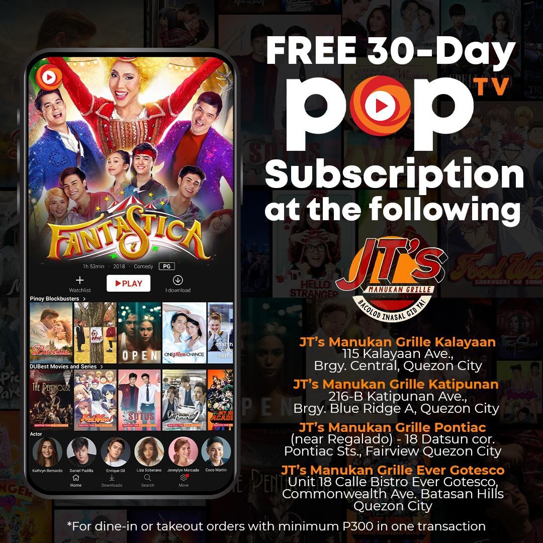 PopTVPH's tweet photo. Late lunch or early dinner?

Sugod na sa JT's Manukan! Busog ka na, may FREE 30-DAY POPTV subscription ka pa! 🧡🧡🧡

Paki-check ang mga nabanggit na branches, ka-POP! 😘
#POPTVPH #ItoAngBagongSine #JTsManukan https://t.co/TrKZgfbr3M