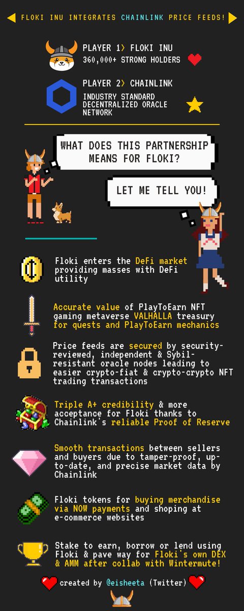 <a href="/RealFlokiInu/">Floki</a> Floki integrating Chainlink price feed will open doors for DeFi &amp; innumerable possibilities in the NFT space for Floki &amp; its massive userbase!

Here's my submission outlining everything this partnership promises &amp; more! 🍻✨💯

#FLOKI #FlokiChainLink
$FLOKI x $LINK #ChainLink