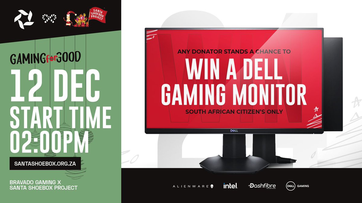 In celebration of the festive season this Sunday our #bvdstreams team will be hosting the #Gaming4Good Drive for the <a href="/SantaShoebox/">Santa Shoebox Project</a> Project! 🌲

✅ One lucky donator will win themselves a <a href="/Dell/">Dell</a> 144Hz Gaming Monitor 👀🔥 T+C's apply.

#bringthebravado #bvdXalienware #bvdXdash