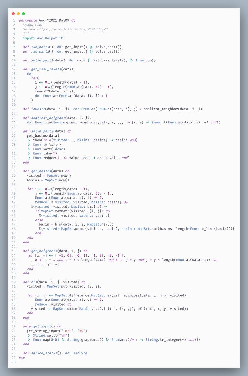 wasi0013's tweet image. Here's my solution of  #AdventOfCode Day 9: Smoke Basin
 #AOC2021 #MyElixirStatus