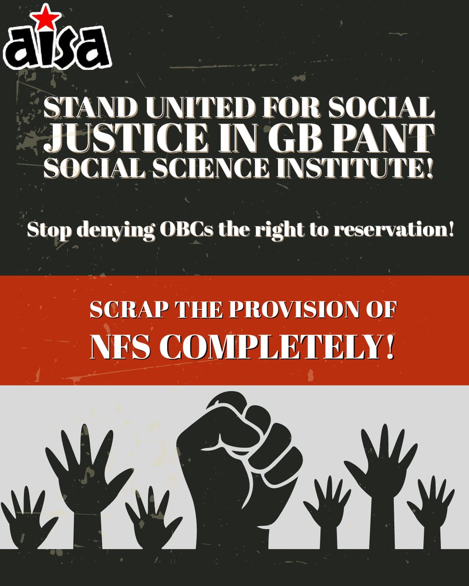 AISA_UPES's tweet photo. Manusmriti Or Babasaheb's Constitution: What shall define the law of the land? 
Stand united for social justice in GB Pant Social Science Institute! 
Stop denying OBCs their Constitutional right to reservation! 
Scrap the provision of NFS completely!

#nfsscam 
#NFS #Aisa https://t.co/SIJEKDC6w0