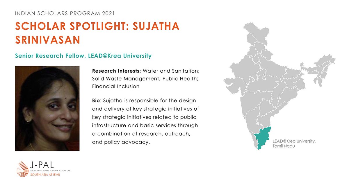 JPAL_SA's tweet photo. Sujatha Srinivasan is a Senior Research Fellow @LEADatKrea University. Her #ISP research focuses on access to clean water, specifically looking at barriers such as information and transaction costs. https://t.co/7M9PGFatAh