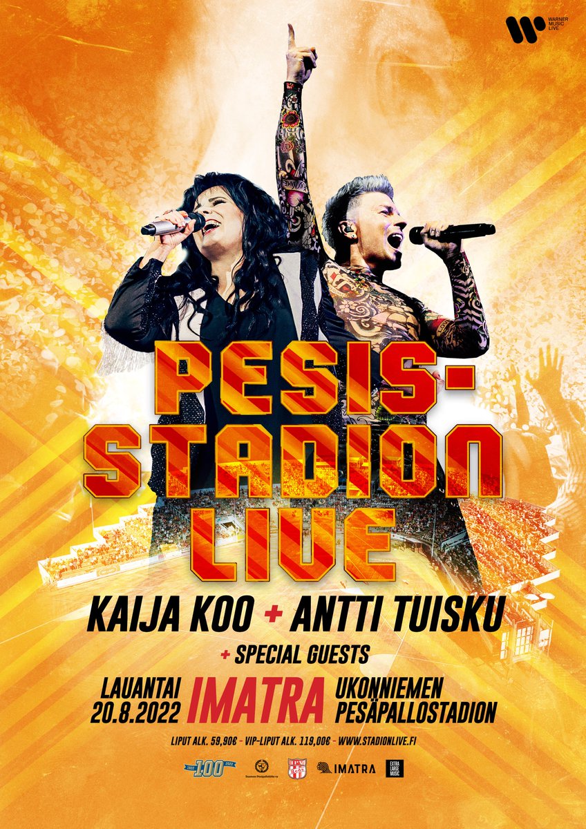 IPVreds's tweet photo. PESISSTADION LIVE 2022 TUO SUPERTÄHDET UKONNIEMEN PESÄPALLOSTADIONILLE.

PÄÄESIINTYJINÄ KAIJA KOO JA ANTTI TUISKU!

https://t.co/d9UPgsbEQ7

#MiunSeura #ipvreds #superpesis #pesis #imatra #lappeenranta https://t.co/zEWs4zSpvG