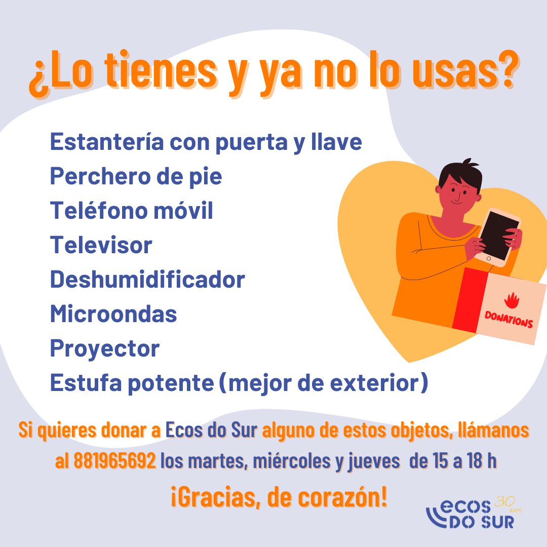 ecosdosur's tweet image. 🤗Recuerda: En #EcosdoSur necesitamos muebles y electrodomésticos para equipar nuestra de casa de acogida para personas solicitantes de asilo.
🏠Si tienes alguna de estas cosas y no la utilizas... ¡Dónalas! ¿Nos ayudas difundiendo? ¡Muchas gracias!