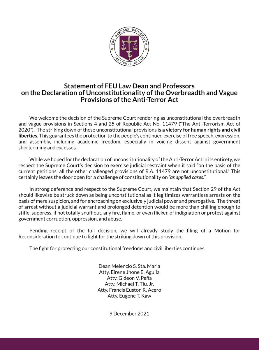 FEU Law faculty on struck down portions of ATA: This guarantees the protection to the people’s continued exercise of free speech, expression, and assembly, inc. academic freedom, esp in voicing dissent vs. govt’s shortcoming, excesses. | <a href="/anjocalimario/">Anjo Cagmat Alimario</a>