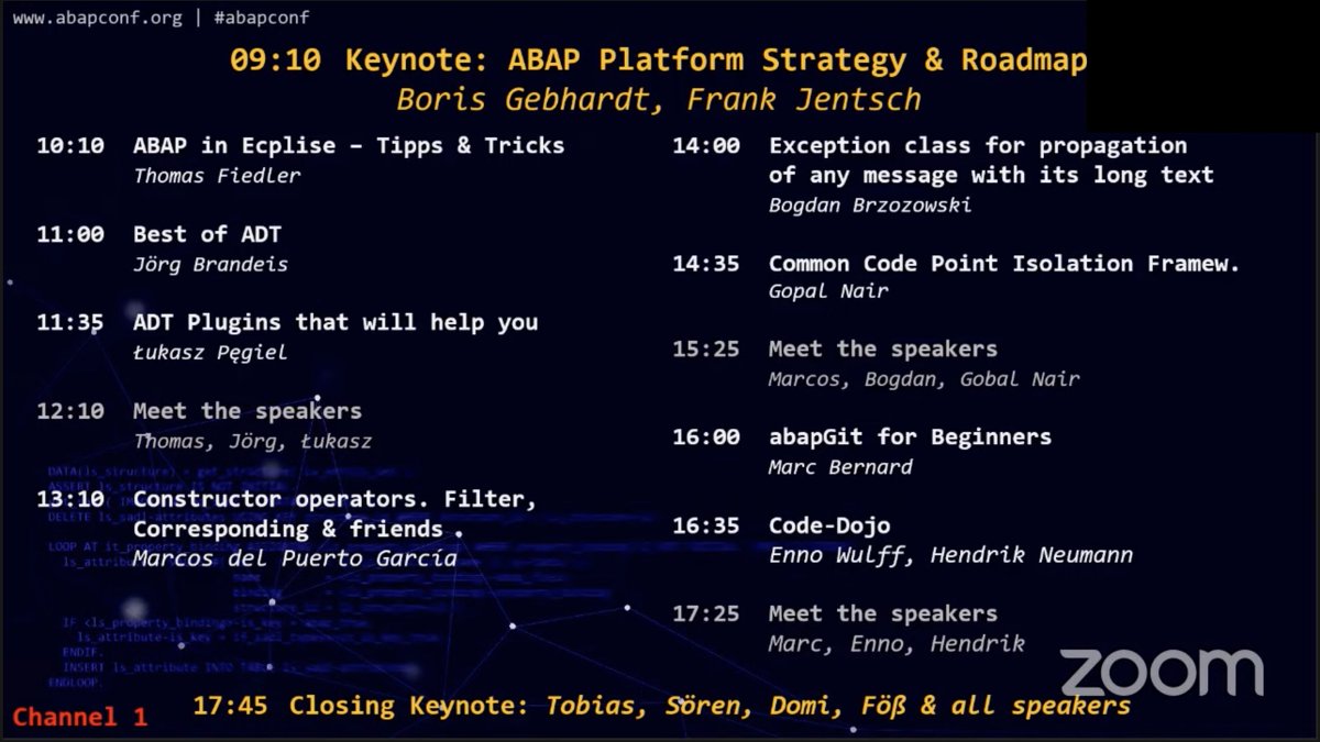 Hier die Agenda zur heutigen <a href="/AbapConf/">ABAPConf</a>, da die Webseite ja derzeit down ist. #ABAPConf #abapconf2021