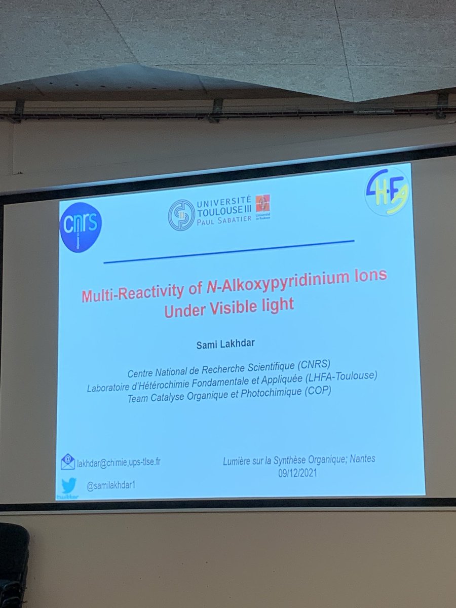 First talk of the day ⁦@CeisamLab⁩ ⁦@FacSciencesNtes⁩ ⁦@CNRS_dr17⁩  thanks to  #lumomat ⁦@paysdelaloire⁩  #lumieresurlasyntheseorganique
