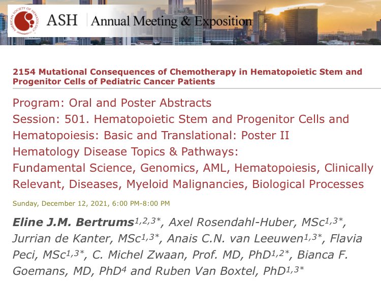 Very happy for the opportunity to travel to #ASH21 in person and present our work on the mutational effects of chemotherapy on hematopoietic cells of pediatric cancer patients. Check out our poster #2154 coming Sunday! @BoxtelLab