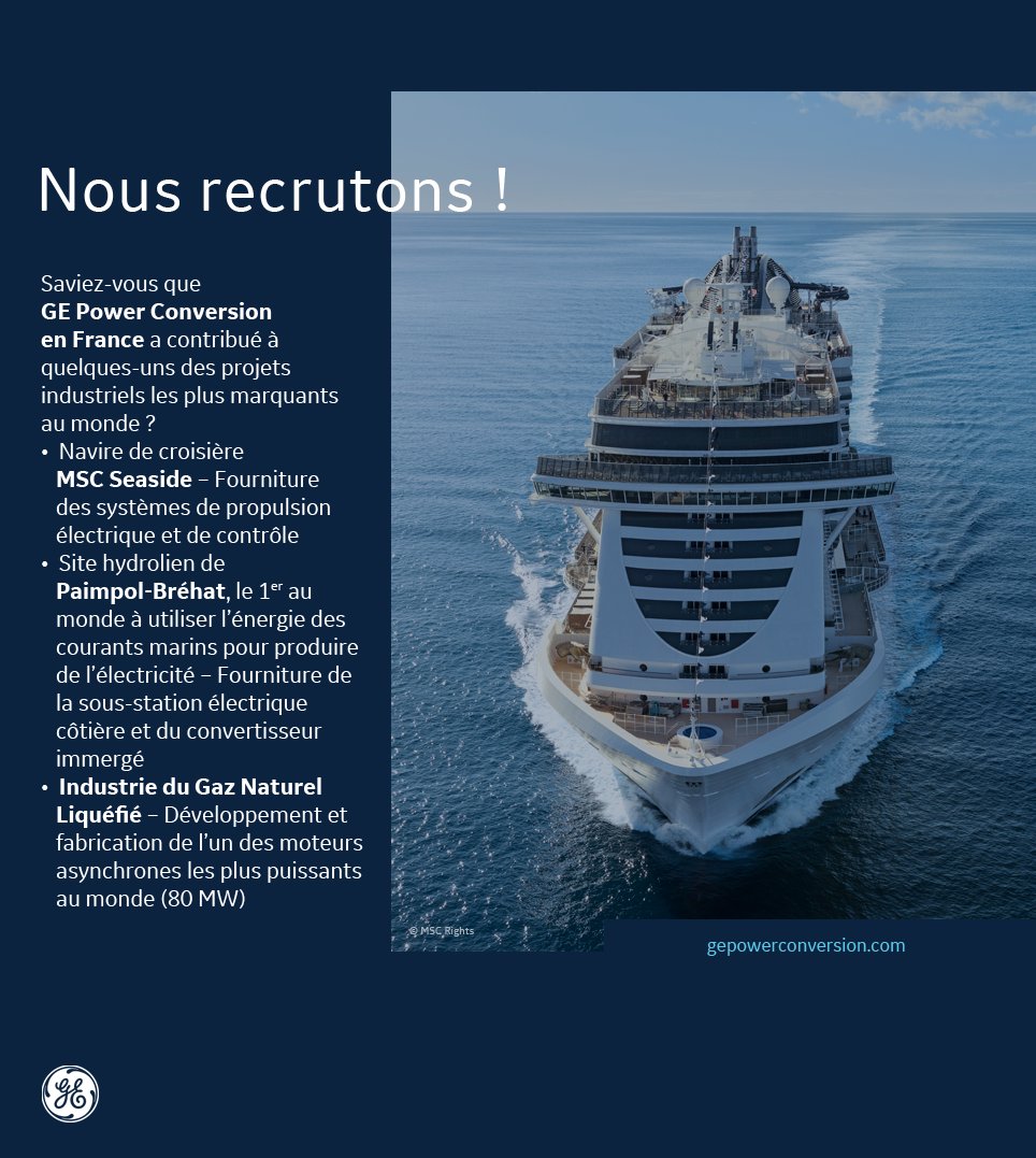 aurelywl's tweet photo. GE Power Conversion est spécialisée dans le développement et la fabrication de systèmes électriques pour les segments du Pétrole &amp; Gaz, de la Marine, de l’Industrie et de l’Énergie. 
Nous recrutons de nouveaux talents en France – consultez nos annonces ! https://t.co/1qLnADCF9i https://t.co/rAQQXhvQYm