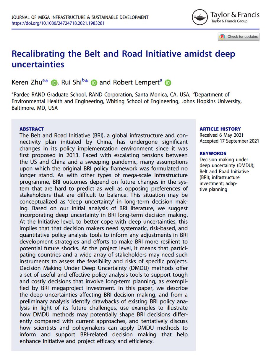 New paper on the Belt and Road Initiative 

bit.ly/3EFnd2G
from <a href="/Zhu_Keren/">Keren Zhu</a> <a href="/Dr_Sray/">Rui Shi</a> <a href="/RobertLempert/">Robert Lempert</a>