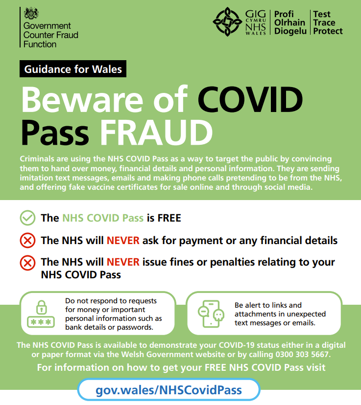 Welsh Government Health and Social Care (@wghealthandcare) on Twitter photo Beware of NHS COVID Pass fraud.
Remember the NHS COVID Pass is free and the NHS will never ask for payment or your financial details.
You can read more about NHS COVID Pass fraud here.
gov.wales/raising-awaren… Beware of NHS COVID Pass fraud.
Remember the NHS COVID Pass is free and the NHS will never ask for payment or your financial details.
You can read more about NHS COVID Pass fraud here.
gov.wales/raising-awaren…
