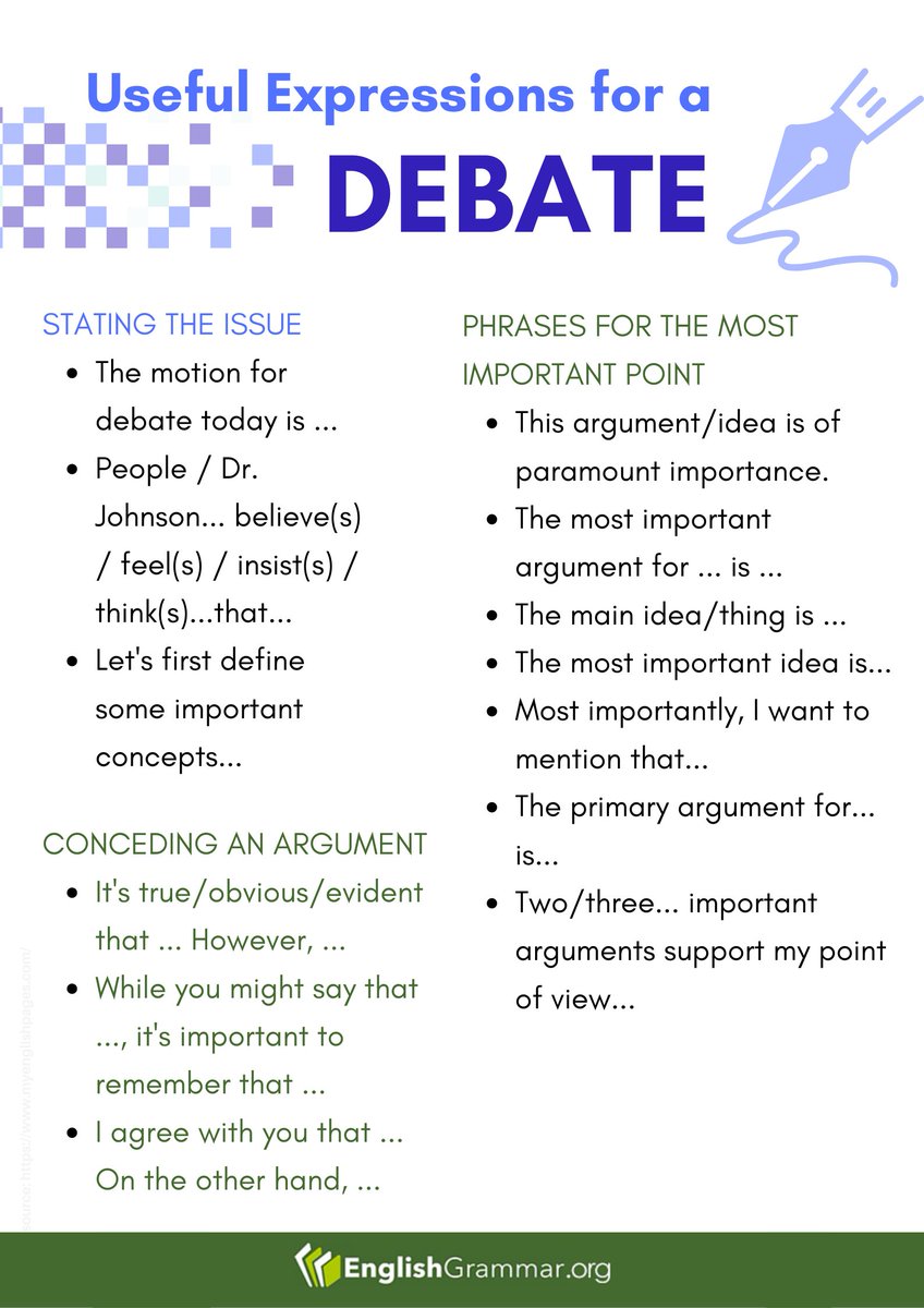 GrammarUpdates's tweet photo. Lines You Can Use During a Debate

#English #grammar #ESL #teacherresources #language #Englishlanguage #words #vocabulary #amwriting #writingtips #writingcommunity https://t.co/p5ncBnddGs