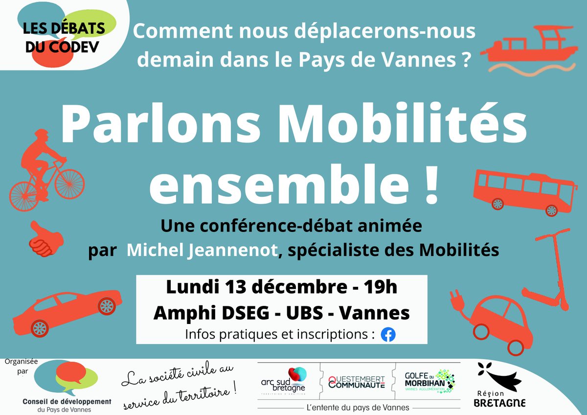 Le conseil de développement du pays de Vannes, invite tous les citoyens du territoire, à participer à un débat grand public sur la mobilité 🚲

Inscrivez-vous via le lien ci-joint : 
docs.google.com/forms/d/e/1FAI…