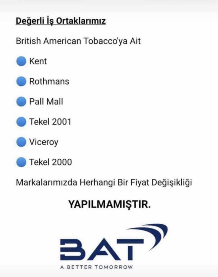 Türkiye Tekel Bayileri Platformu olarak.Bat firmasının etik ticarete uymayan satış politikalarını protesto ediyoruz raflarımızdan aşağıda bulunan ürünleri satmama kararı aldık  ürün tedariğinde kısıtlamaya giden Firma Tekel bayilerinin Değerli iş ortağı değildir artık .TTBP