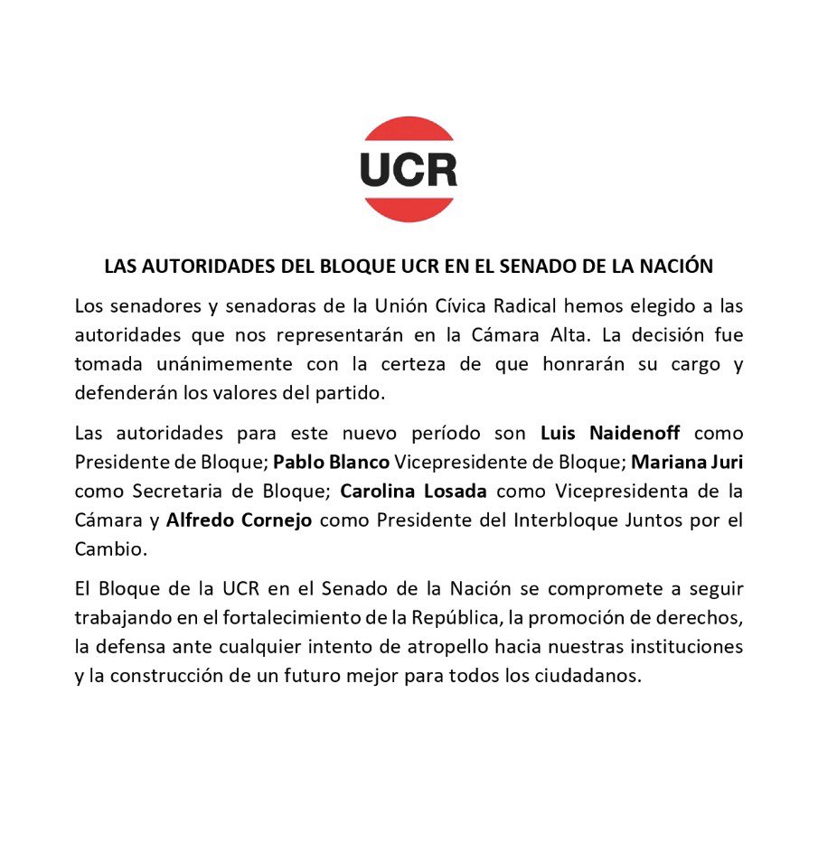 Nuevas autoridades del Bloque UCR en el Senado de la Nación 👇🏼