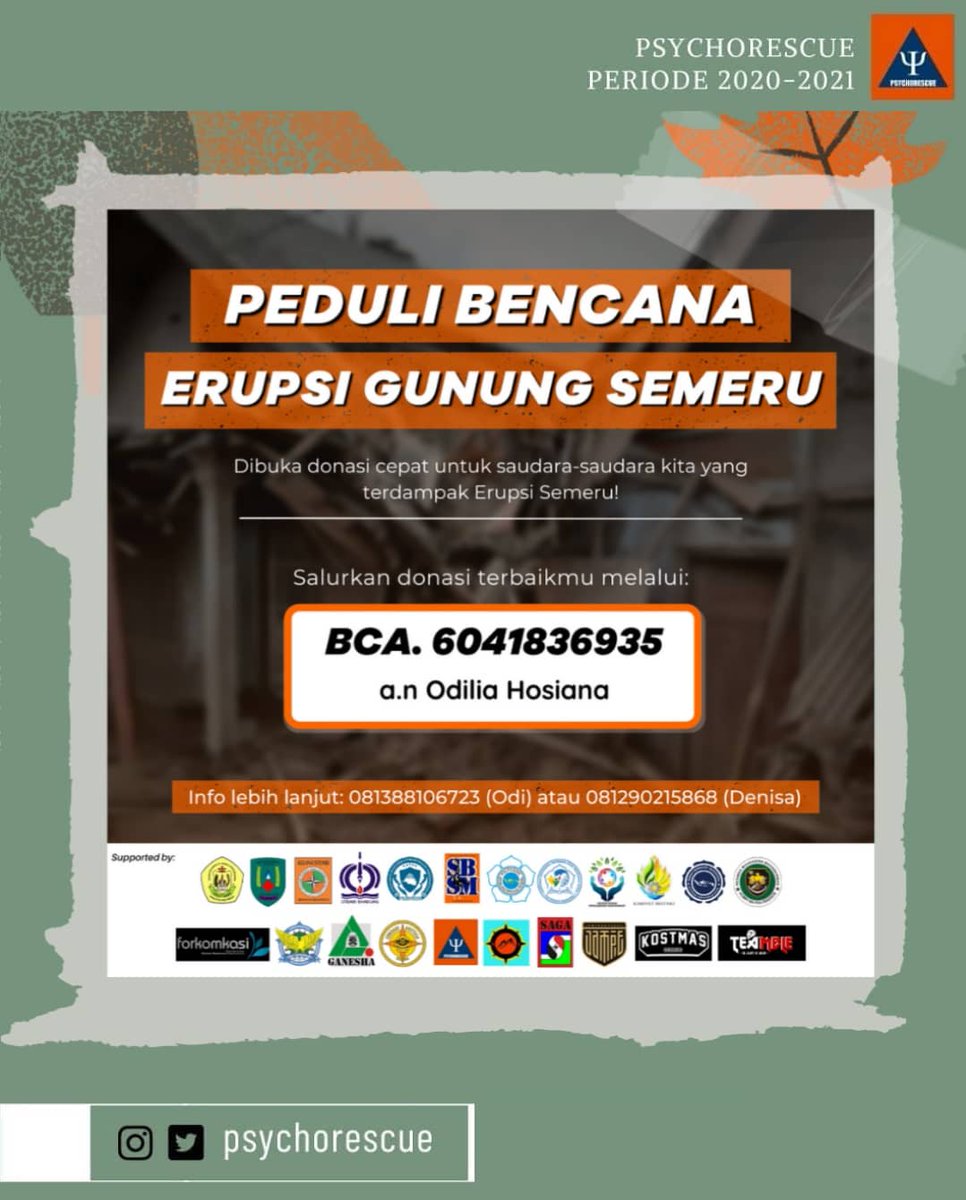 Sobat Sosial, saudara kita disana menanti uluran tangan kita semua. Dalam bentuk pengabdian kami, Psychorescue berkolaborasi bersama SBSM Poltekesos Bandung dan beberapa organisasi lainnya, siap menjadi wadah penyalur kebaikan hati sobat sosial sekalian.
#Semeru #PrayForSemeru