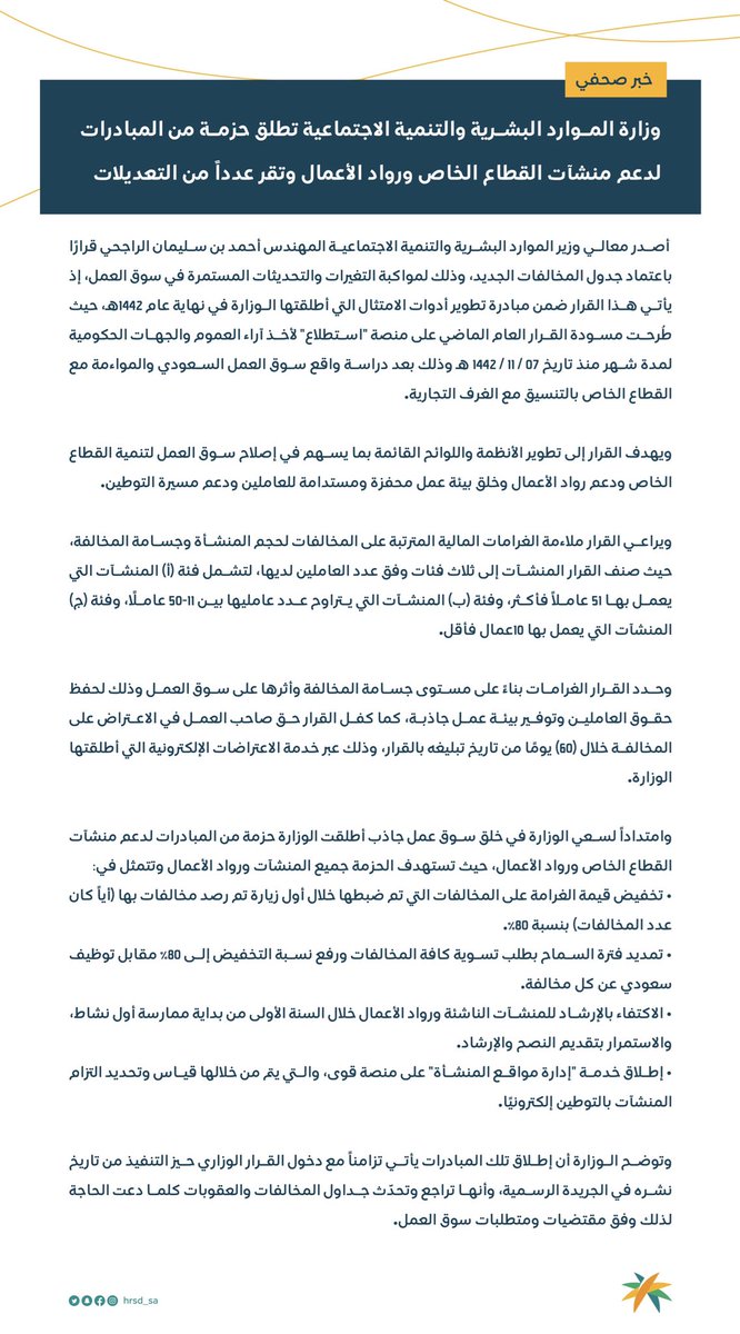 HRSD_SA's tweet photo. وزارة الموارد البشرية والتنمية الاجتماعية تطلق حزمة من المبادرات لدعم منشآت القطاع الخاص ورواد الأعمال وتقر عدداً من التعديلات. https://t.co/eUxbVlU0Id
