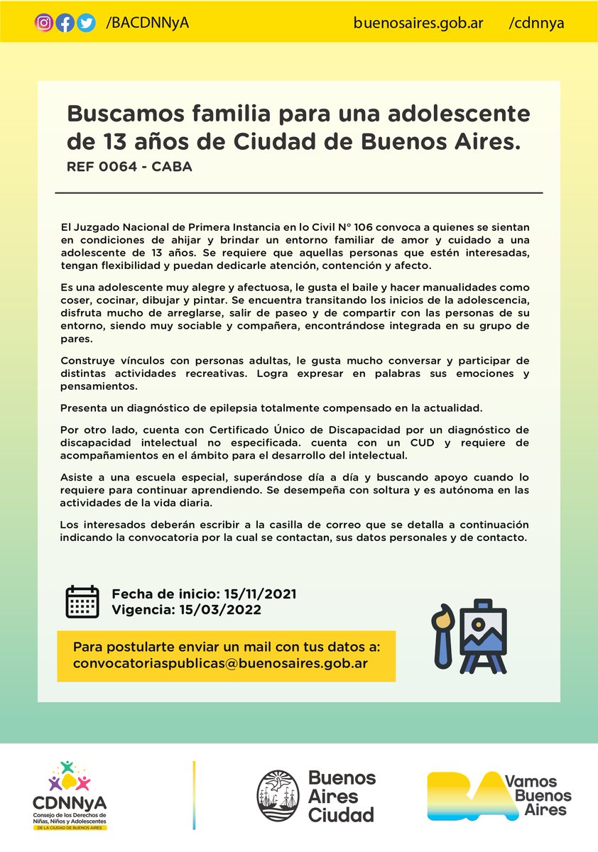 BACDNNYA's tweet photo. #BuscamosFamilia 👉Las Convocatorias Públicas son la última instancia para restituir su derecho a vivir en familia.

📩Para postularte mandá un mail a: convocatoriaspublicas@buenosaires.gob.ar

#Convocatoriapublica #Adopcion #Quieroadoptar #DerechosDelNiño https://t.co/GIv81WDwZT
