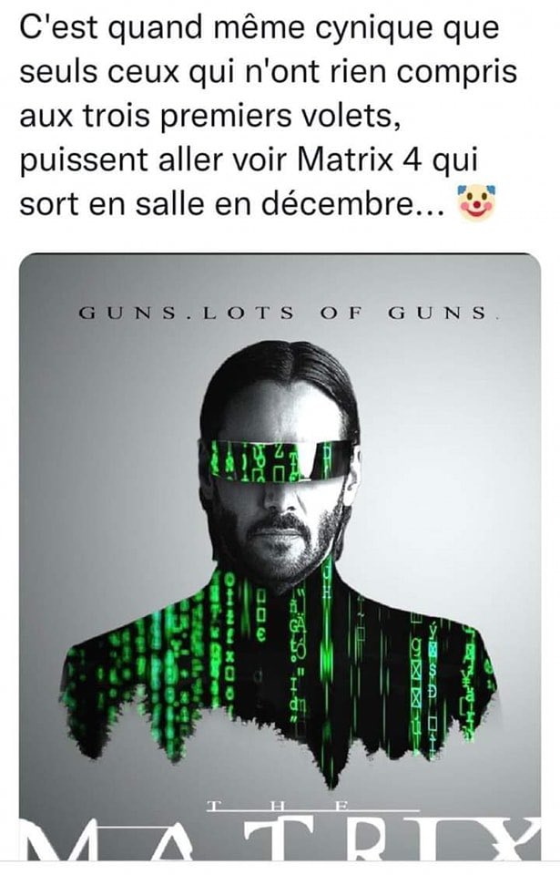 C’est quand même curieux que ceux qui n’ont rien compris aux trois premiers volets puissent aller voir Matrix 4 qui sort en salle en décembre 😏