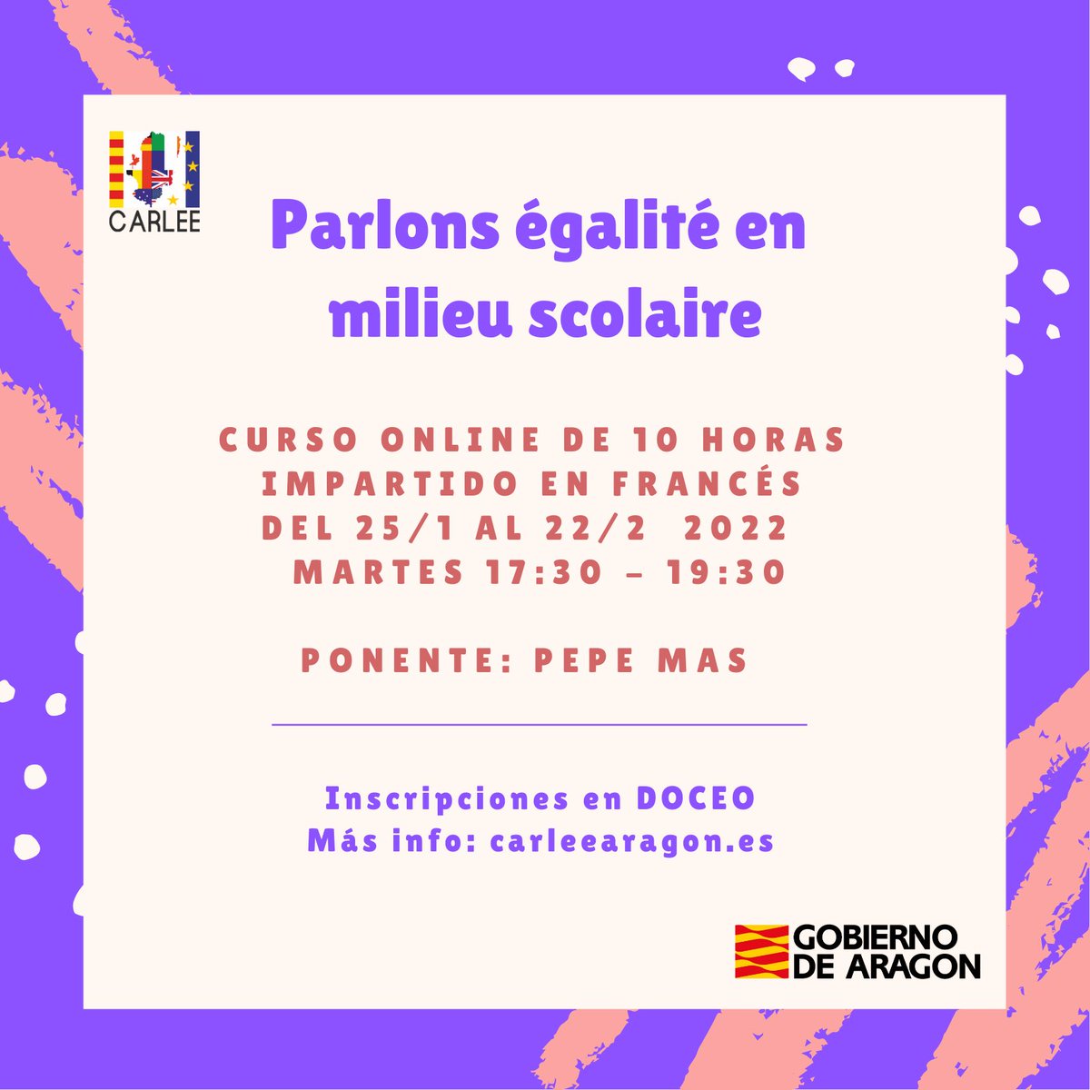 L’inscription pour notre formation Parlons égalité en milieu scolaire est ouverte à DOCEO jusqu’au 23 décembre. Préparez la Journée des Droits Femmes avec le <a href="/CARLEE_Aragon/">CARLEE</a> <a href="/dgafprofesorado/">F. Prof. Aragón</a> <a href="/dgalextranjeras/">L.Extranjeras ARAGON</a>