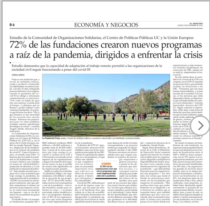 ComunidadOrgSol's tweet photo. 📰#PRENSA Hoy el diario @ElMercurio_cl publicó nuestro estudio "Impacto y Adaptación de las Fundaciones en Pandemia" que grafica cómo las #OSC lograron sobrevivir al impacto de la pandemia pese a su vulnerabilidad financiera 📊🙌

 Lee la noticia aquí 👉 https://t.co/GqNyEdGIea https://t.co/AGthtocOD4