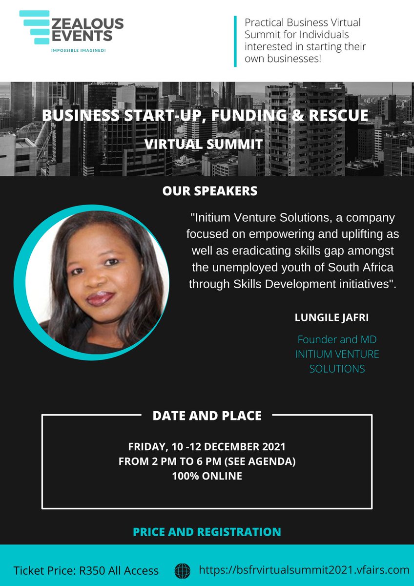 Join our managing director Lungile Jafri (MBA) in a virtual summit tomorrow from 14:00 to 18:00, she will be talking about Business Start-up, Funding and Rescue.
#businessdevelopment #businessstartups #empowerment