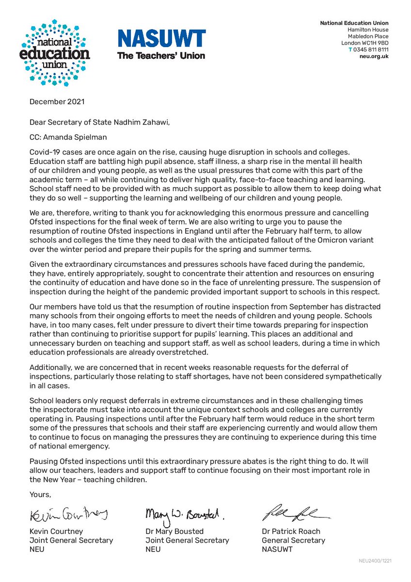 NASUWT's tweet image. Pausing Ofsted Inspections until after the February half term will allow schools and colleges the time they need to deal with the anticipated fallout of the Omicron variant. Our joint letter with @NEUnion to @nadhimzahawi