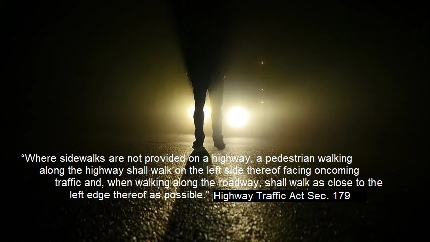 OPP_WR's tweet image. When out for a walk after dark, ensure you can be seen by motorists. Wear sufficient reflective or illuminated gear. Also, when walking on or near a roadway, pedestrians must walk on the left side of the road facing on-coming traffic. #SafeExercise #WalkingAtNight #LambtonOPP