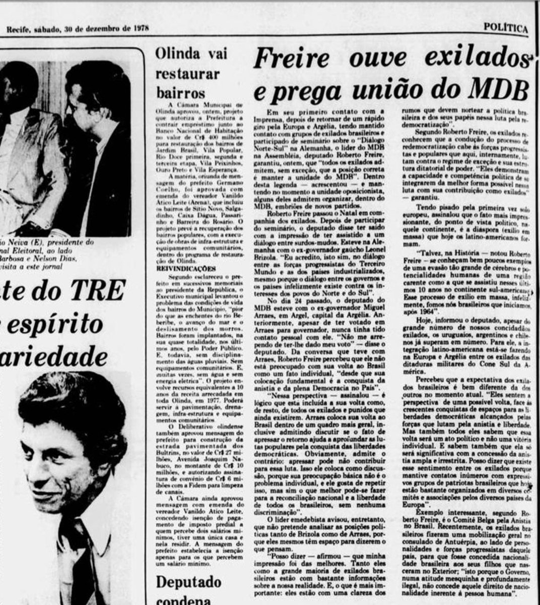 freire_roberto's tweet photo. Recebi do jornalista pernambucano Ennio Benning essa entrevista ao Diário de Pernambuco no longínquo ano de 1978, logo após minha volta de uma viagem à Alemanha,Bélgica, França e Argélia onde tive encontros com exilados dentre eles Brizola, Arraes,Giocondo Dias e Gregório Bezerra https://t.co/4cnF5tQaYf
