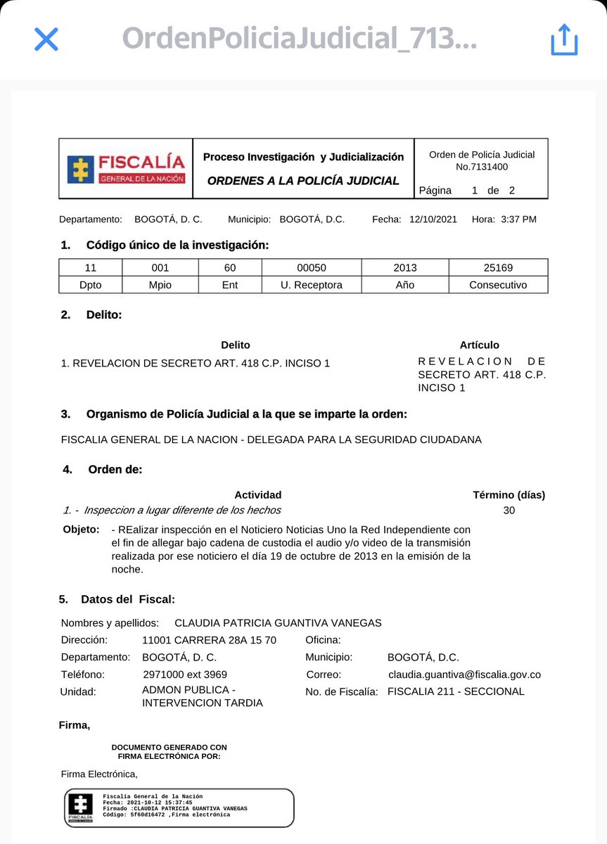 DCoronell's tweet photo. Esta es la orden de inspección judicial que la @FiscaliaCol le envía a @NoticiasUno https://t.co/dJOqxg6IQG
