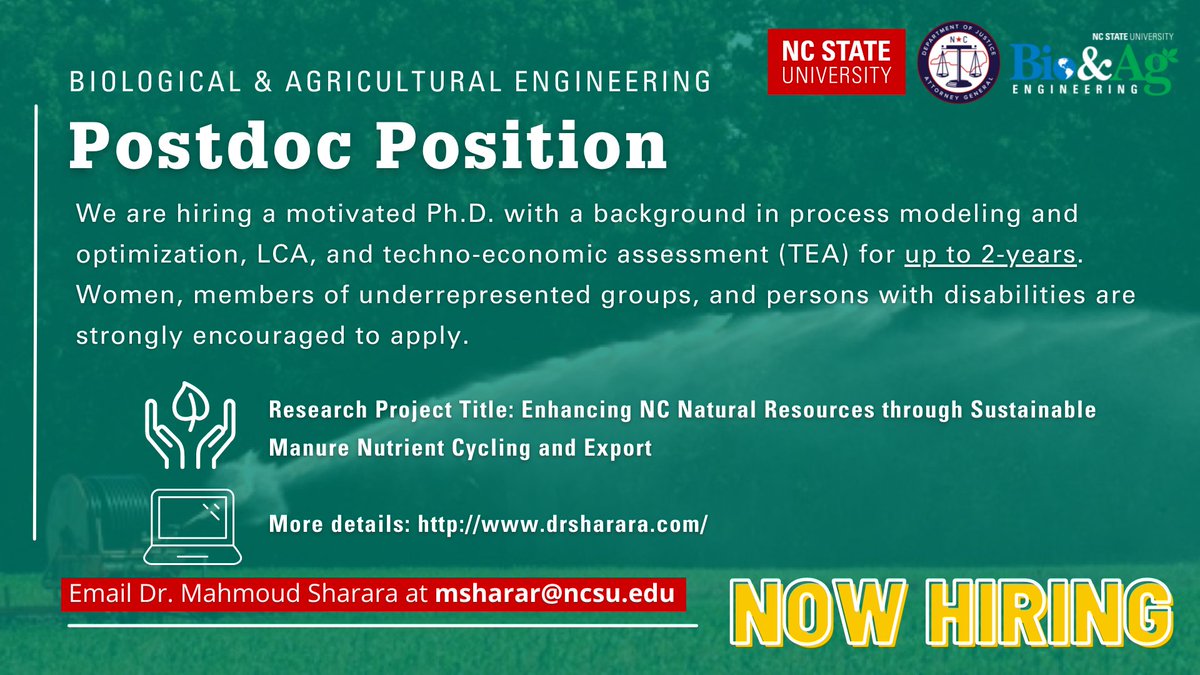 NCState_BAE's tweet photo. #Postdoc position open in the area of #sustainable #animal #waste #management. Qualified applicants should have a background in process modeling and optimization, LCA, and techno-economic assessment (TEA). @drDaniJones @NCWaterEcon @NCState_ARE 
DETAILS AT https://t.co/UHb34YKGpI https://t.co/IfK0PNCtbO