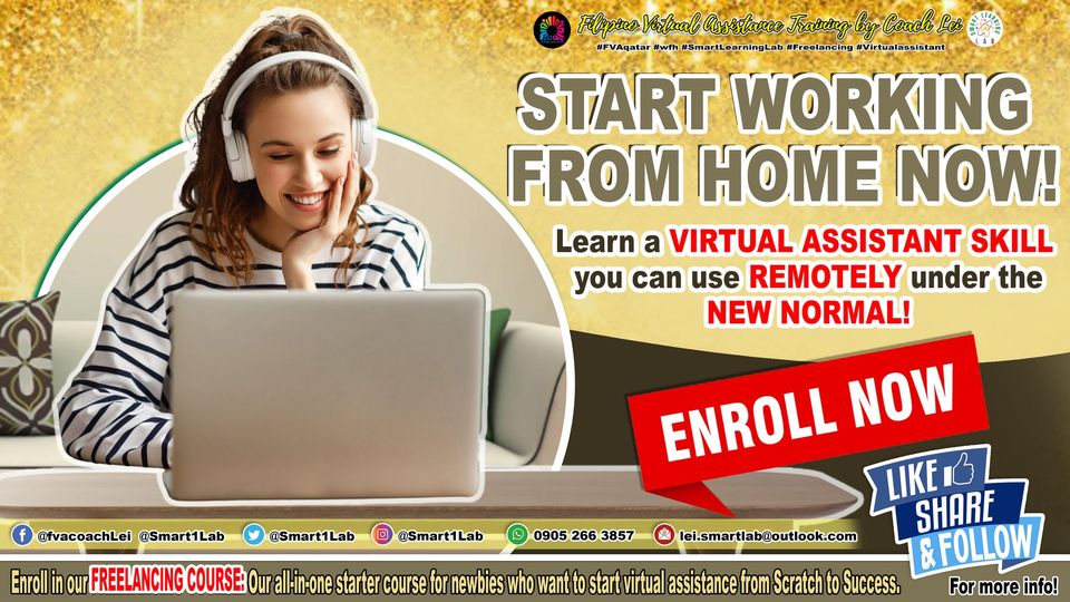 SmartLearninLab's tweet image. Learn a virtual assistant skill you can use in working remotely under the new normal!

Enroll in our FREELANCING COURSE NOW!

#WFH
#FreelancingTips
#Freelancing
#OnlineJobs
#FVAQatar
#surge
#Qatar
#OFW
#fvaconsultancy
#filipinovirtualassistance
#SmartLearningLab