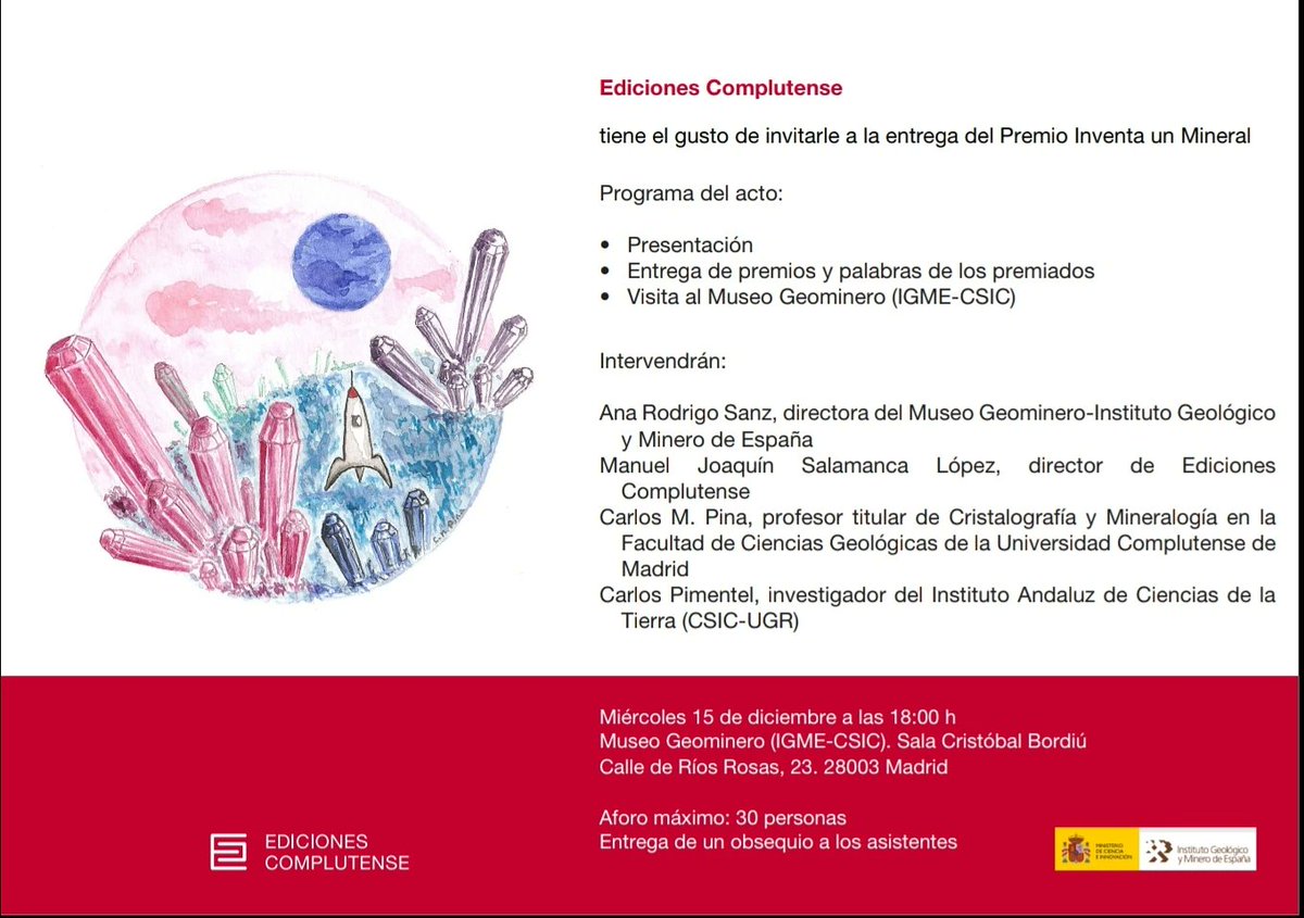 EdiComplutense's tweet photo. 💥 ¡Conoce los minerales ganadores! 💎 Tenemos el gusto de invitaros a la entrega del premio "Inventa un Mineral". También podréis visitar el @MuseoGeominero de la mano de su directora. 📍 ¡Os esperamos el miércoles 15 de diciembre a las 18h! https://t.co/UPuWrwd7HX